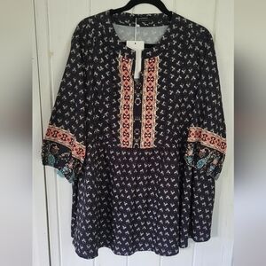 Bohemian Lantern Sleeve V Notch Neck Tunic Top